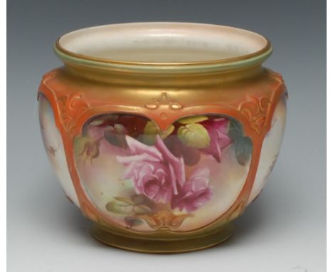 A Royal Worcester jardiniere, painted by Reginald Austin, signed, pink roses in panels, burnished gilt borders, 18cm diam, pr