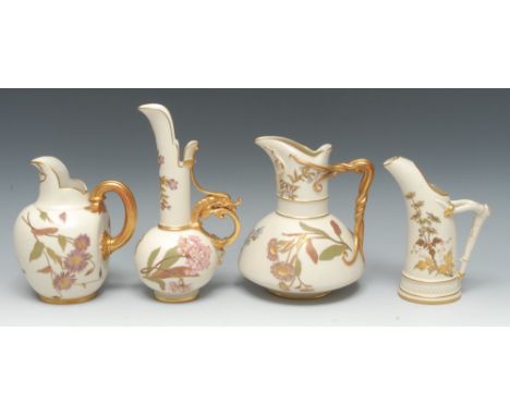 A Royal Worcester flat sided jug, printed and painted with foliate sprigs, reeded gilt loop handle, 16.5cm high, printed crow