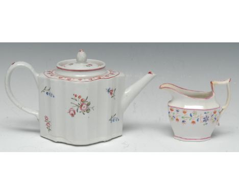 A New Hall serpentine teapot and cover, decorated in the famille rose palette with flower sprigs, bud finial, 15cm high, c.17