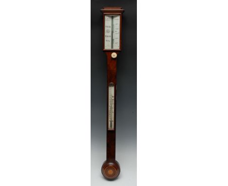 A 19th century flame mahogany stick barometer, 8cm ivorine scale inscribed W Langford, 53 Broad Quay, Bristol, mercury thermo