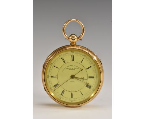 A Victorian 18ct gold centre seconds chronograph open faced pocket watch, 5cm enamel dial inscribed Argyle & Peake, Heanor, 5