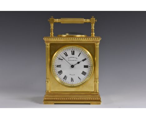 A late 19th century French lacquered brass combination carriage clock, 8cm white enamel dial inscribed A La Gerbe d' Cr Ducel
