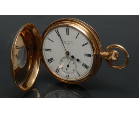 An Edwardian 18ct gold half hunter pocket watch, Payne & Son, Wallingford, white enamel dial, bold Roman numerals, minute tra