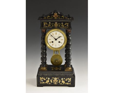 A 19th century French 'Boulle' brass marquetry and ebonised portico clock, 9.5cm white enamel dial inscribed Leroy A Paris, R