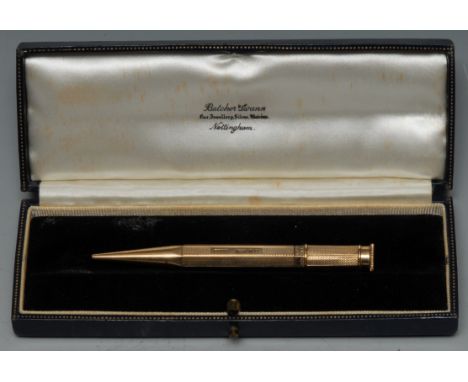 A 9ct gold propelling pencil,  by Sampson Mordan and Co, engine turned, 8cm long
