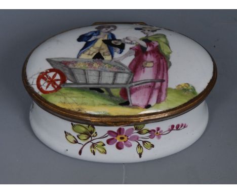 A South Staffordshire enamel oval box, the cover enamelled with lady with barrow, selling plums, the sides with flower sprigs