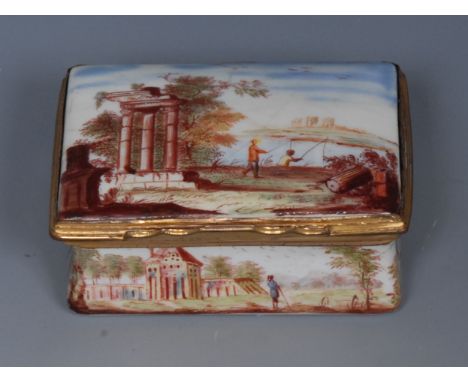 An 18th century Birmingham enamel rectangular box, the cover enamelled with classical columns and figures fishing, the sides 