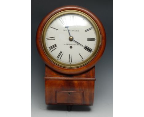A 19th century style Derbyshire mahogany drop dial wall timepiece, 18.5cm convex enamel dial inscribed Wm Haycock, Ashbourne,