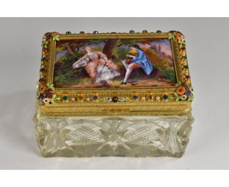 A 19th century Austrian/French enamelled cut glass table casket, gilt metal paste jeweled cover surrounding an enamel painted