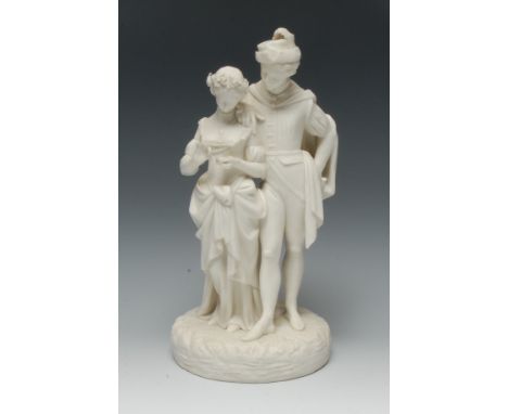 A Royal Worcester rare Parian group, of Faust and Margaret, they stand, his arm resting on her shoulder, 33cm high, c.1890