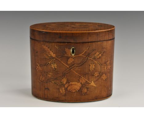 A George III fiddle back mahogany and marquetry oval tea caddy, inlaid in sand-shaded boxwood with Amor's arrow and bow among