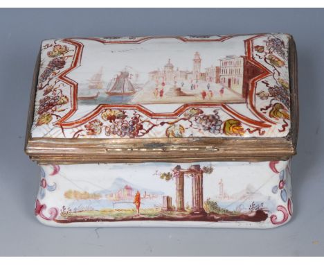 An 18th century Birmingham enamel rectangular box, the cover enamelled with busy Italian port, within fruiting vine border,  