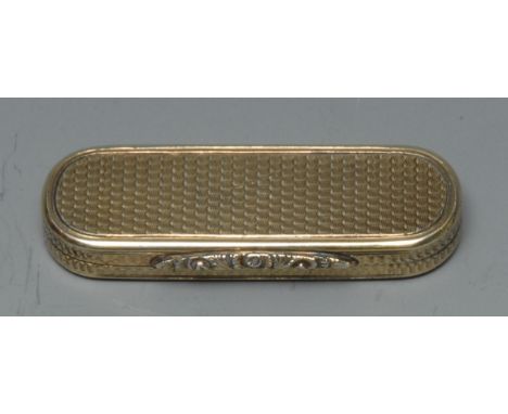 A William IV silver gilt oval vinaigrette, engine turned, pierced grille, 5cm long, Nathaniel Mills, Birmingham 1835