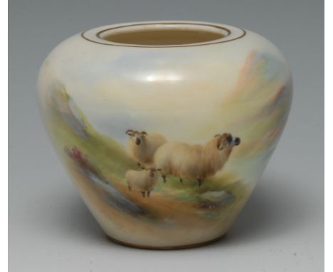 A Royal Worcester ovoid vase, painted by Harry Davies, signed with highland sheep, 8cm high, printed crown and circle mark, d