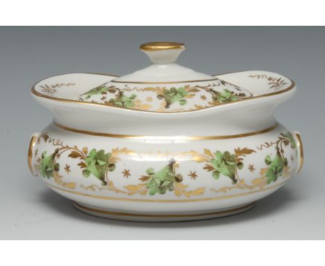 A Pinxton two handled squat oval sucrier and cover, pattern 312 decorated with a broad band of scrolling lilies in green and 