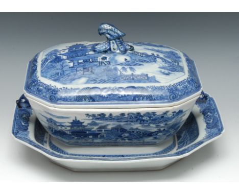 An 18th century Chinese canted rectangular tureen, cover and stand, the tureen with animal handles, scroll knop, decorated in