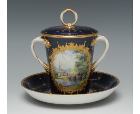 A Lynton porcelain two-handled tapering cylindrical chocolate cup, cover and stand, painted by Stefan Nowaki, signed, with Ba