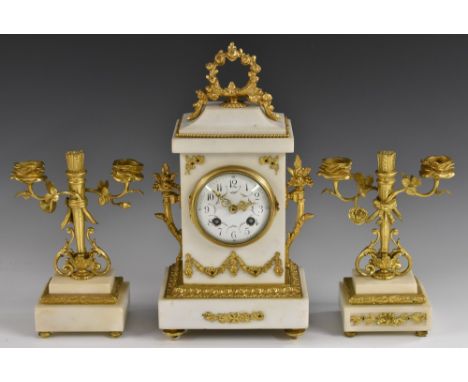 A 19th century French gilt-metal mounted white marble clock garniture, 8cm convex enamel dial inscribed with Roman numerals, 