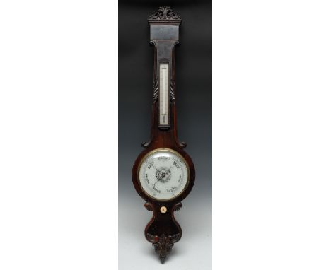 A Victorian rosewood wheel barometer, 19.5cm register, mercury thermometer, the case carved and crested with scrolling acanth