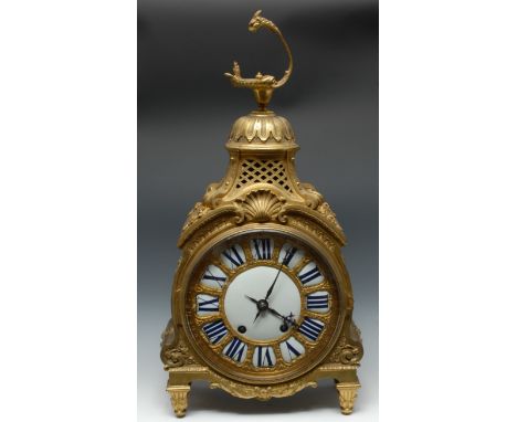 A large Louis XV Revival ormolu cartouche shaped table clock, 26cm dial with enamel cartouches inscribed with Roman numerals,