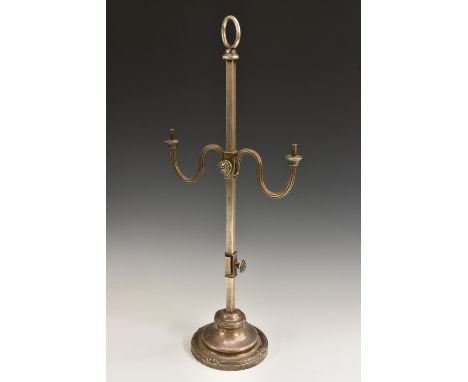 A William IV silver two-branch adjustable student's lamp, ring handle, domed base with ribbon-wrapped reeded borders, 62.5cm 