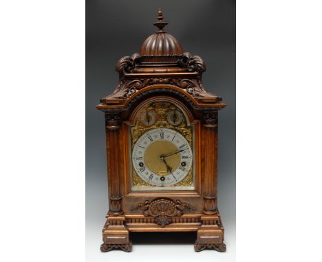A substantial Victorian burr walnut musical bracket clock, 16cm arched brass dial labelled Cockburn, Richmond, silvered chapt