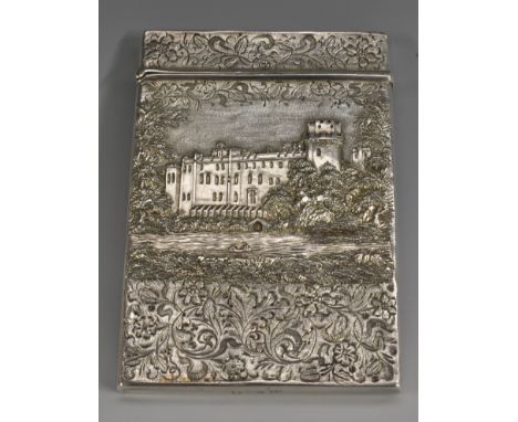 A William IV silver rectangular castle top visiting card case, cast with two topographical and architectural elevations of Wa