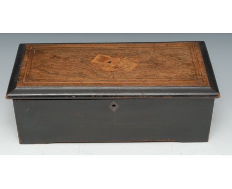 A 19th century Swiss rosewood and marquetry rectangular music box, 15cm cylinder playing on a one-piece comb, cranking handle