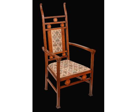 An Arts and Crafts mahogany and marquetry armchair, by William Lethaby, stamped, rectangular back with ladder cresting rail, 