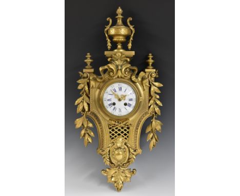 A Louis XV Revival gilt-metal cartel clock, 11.5cm white enamel dial with blue Roman numerals, twin-winding holes, fourteen-d