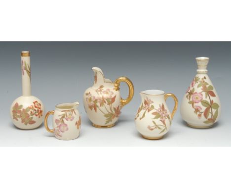 A Royal Worcester flat sided jug, printed and painted with flowers and foliage, reeded gilt loop handle, 13.5cm high, printed