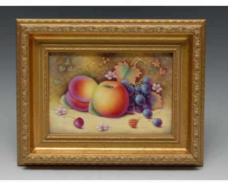 A Royal Worcester rectangular plaque, painted by P Platt, signed, ripe apples and grapes on a mossy ground, 10.5cm x 16.5cm, 
