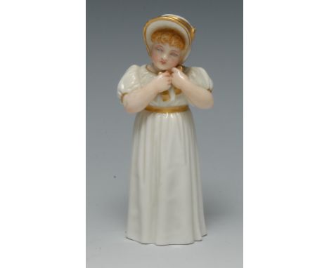 A Royal Worcester candle snuffer, Country Girl, tying her bonnet, picked out in gilt, 13.5cm high, printed crown and circle m
