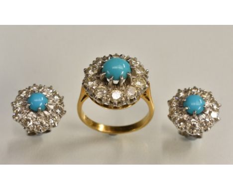 A diamond and turquoise encrusted three piece ring and earrings suite, each piece with a central round turquoise cabochon sur