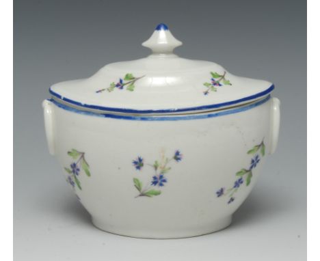 A Pinxton oval sucrier and cover, pattern 13, with drop oval handles, decorated with cornflower sprigs, blue line border, ste