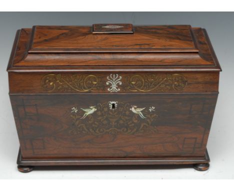 A Victorian rosewood sarcophagus tea caddy,  inlaid with anthemions, scrolls and fanciful birds in brass and mother of pearl,