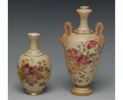 A Royal Worcester ovoid vase, with two lion mask handles, printed and painted with flowers on a blush ivory ground, 16.5cm hi