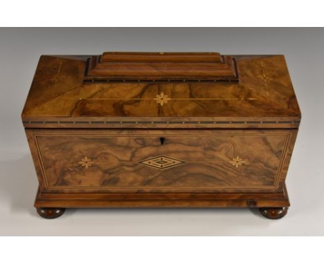 A Victorian walnut sarcophagus tea caddy, inlaid with flowers, leafy bun feet, 28.5cm wide,  c 1870