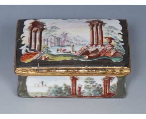 An 18th century Birmingham enamel rectangular box, the cover enamelled with classical ruins, the sides conforming, green grou