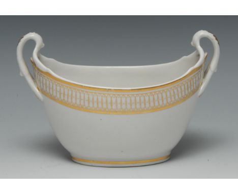 A Pinxton two handled boat shaped sucrier, pattern 351, banded in gilt with interlaced ovals, 20cm wide, c.1800See Gent The P
