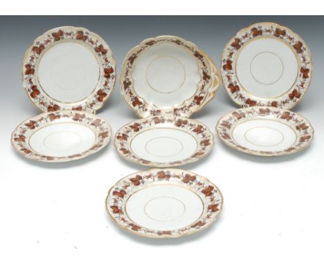 A Barr Worcester dessert service, comprising six shaped circular plates and a shaped circular dish, each decorated in brown w