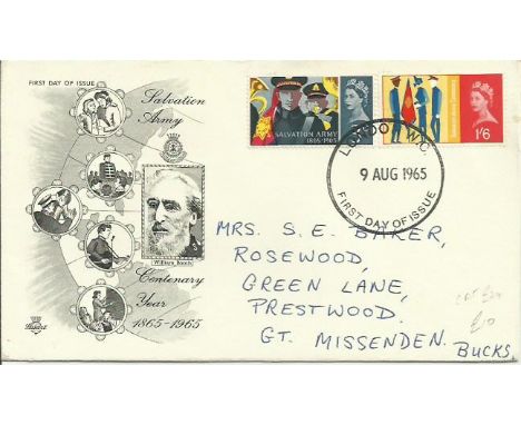 Salvation Army first day cover. 9th August 1965 Salvation Army Centenary Year first day cover with the two Salvation Army sta