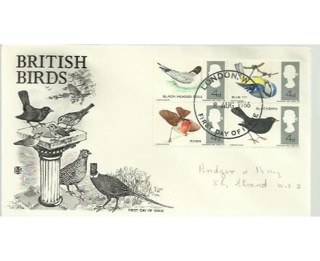 Birds first day cover. 8th August 1966 British Birds first day cover with the 4 Birds stamps and London postmark.  Good condi