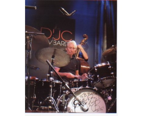 Rolling Stones - Charlie Watts. A dedicated autographed 10x8 picture of Watts behind the drums. Excellent.  Good condition. A