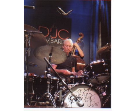 Rolling Stones - Charlie Watts. A dedicated autographed 10x8 picture of Watts behind the drums. Excellent.  Good condition. A