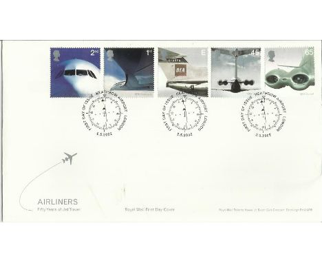 Airliners first day cover. 2nd May 2002 Airliners, Fifty Years of Jet Travel first day cover with the set of five stamps and 