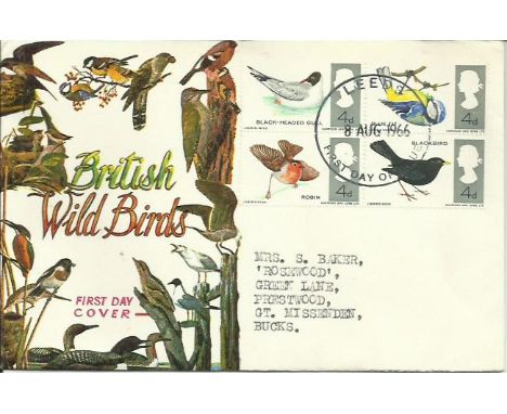 British Wild Birds first day cover. 8th August 1966 British Wild Birds first day cover with the four Birds stamps and Leeds p