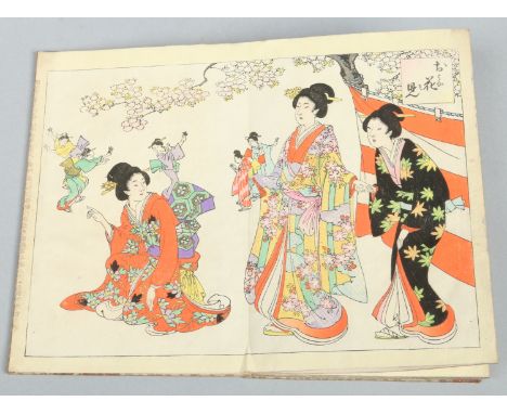 A Japanese Meiji period book containing coloured woodblock prints depicting bijin at various pursuits, 18cm x 12cm. Condition