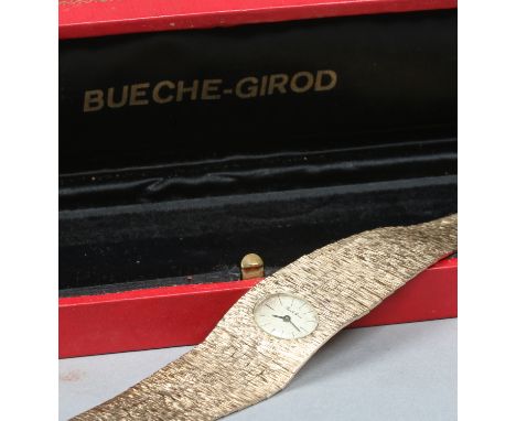 A ladies 9 carat gold Bueche Girod manual bracelet watch in original case. With oval satin dial having baton markers c.1970s.