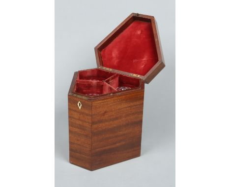A Victorian mahogany three bottle decanter box with ivory inlaid diamond escutcheon. With velvet lined fitted interior and th